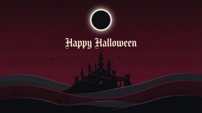 A spooky dark halloween background featuring a silhouette of a haunted castle under a total solar eclipse with text overlay