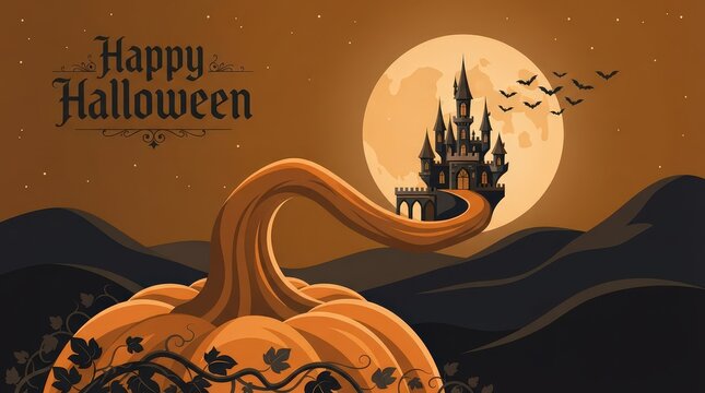 A spooky halloween background featuring a large orange pumpkin with a twisted stem leading toward a dark haunted castle silhouette