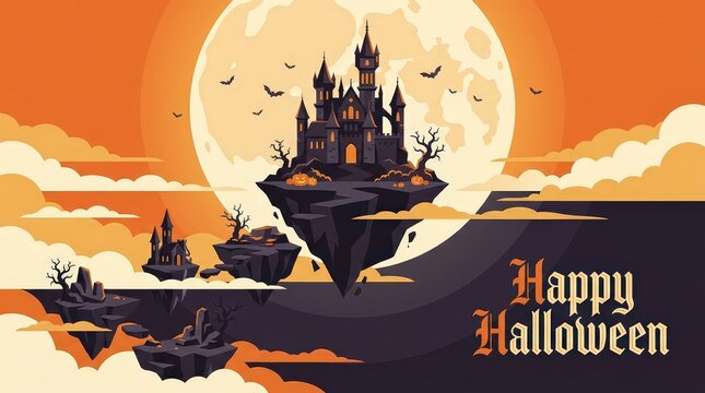 A spooky floating castle silhouette set against a giant full moon with orange clouds and happy halloween text design