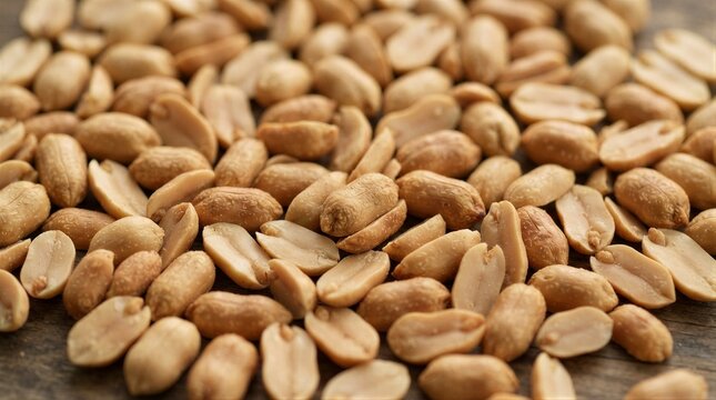 Shelled peanuts spread across wooden surface in closeup
