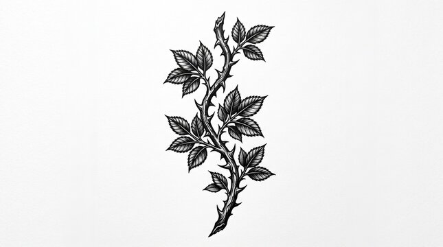 Rose stem tattoo design with thorns and leaves in woodcut style