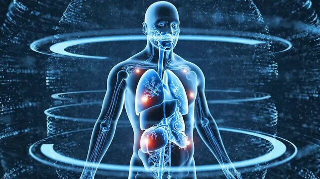 Futuristic Health Insurance Approval Concept With Digital Human Silhouette And Glowing Organs In A Technological Environment