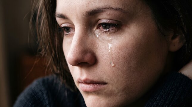 A close-up portrait showing a tear rolling down a person's cheek, expressing sadness, vulnerability, and human emotion.