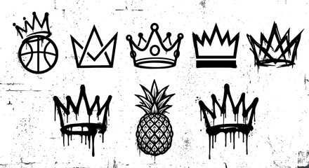 Crown silhouettes basketball and pineapple icons set in a black ink grunge graffiti dripping style isolated vector illustration © mstRabea