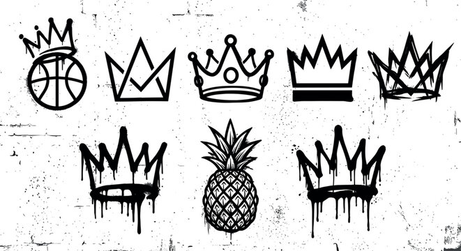 Crown silhouettes basketball and pineapple icons set in a black ink grunge graffiti dripping style isolated vector illustration