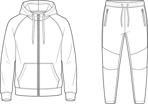 Black and white fashion flat sketch vector illustration of a zip up hoodie and sweatpants set.