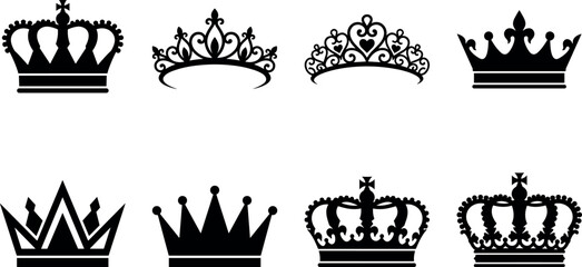 Elegant royal crown silhouettes and princess tiara icons set for premium luxury heraldic emblem design isolated on white background © mstRabea