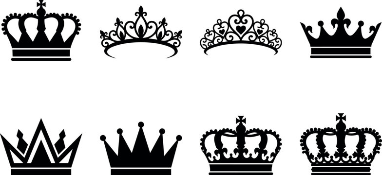 Elegant royal crown silhouettes and princess tiara icons set for premium luxury heraldic emblem design isolated on white background