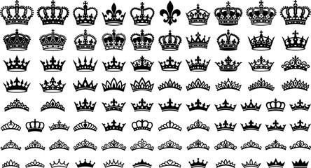 Mega collection of royal king crowns princess tiaras and heraldic fleur de lis black silhouettes isolated on white background vector illustration © mstRabea