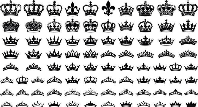 Mega collection of royal king crowns princess tiaras and heraldic fleur de lis black silhouettes isolated on white background vector illustration