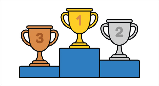 Three trophies on blue pedestals showcase first second and third place in a vector illustration