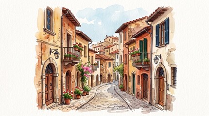 Fototapeta premium Watercolor illustration of charming European village street with rustic houses and cobblestone path