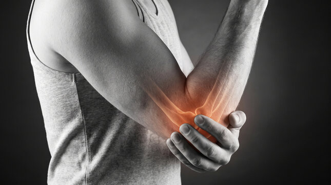 Man clutching painful elbow with glowing orange joint inflammation