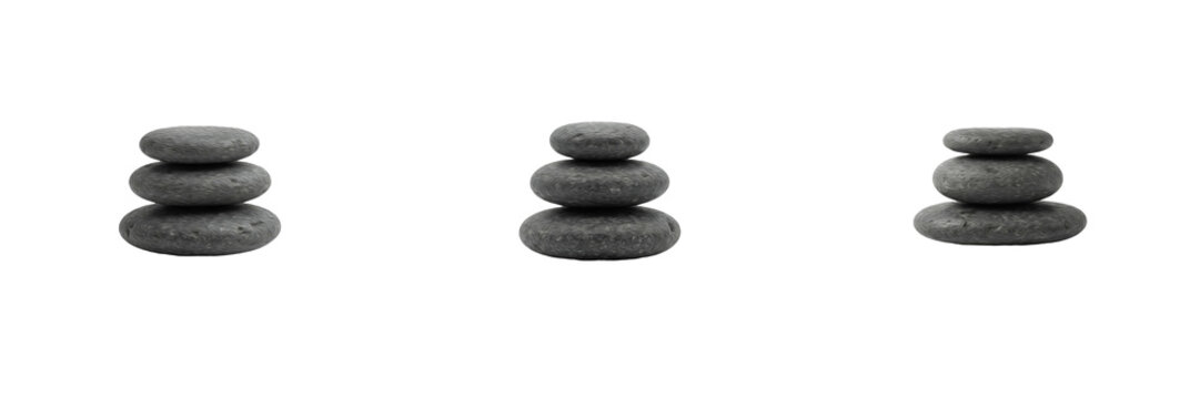 Set zen stones stacked isolated on white background digital graphic asset showcasing meditation pebble towers layout