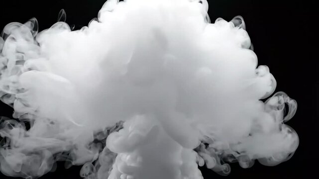 White Smoke Explosion Rising and Expanding Against Black Background Close-Up