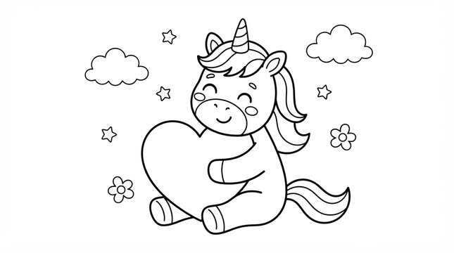 Cute unicorn coloring page, adorable cartoon unicorn holding a heart, magical fantasy animal outline for kids activity