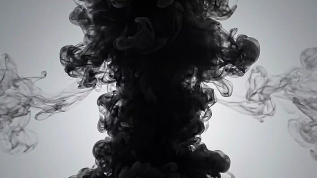 Black Ink Smoke Plume Exploding and Dispersing Upward on White Background