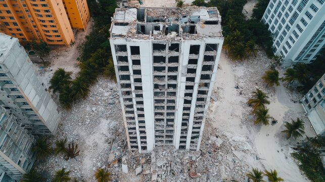 A tall building partially collapsed with debris scattered around, surrounded by other structures and palm trees.