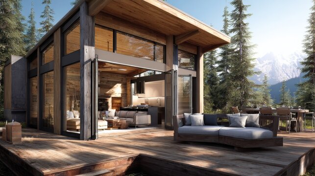 Luxury Tiny House Modern wooden cabin with large glass windows set in a snowy forest, featuring cozy indoor and outdoor living spaces.