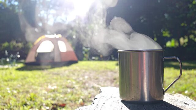 Hot drink mug with rising steam at outdoor camping site in morning light