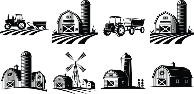 Vintage agricultural woodcut emblems featuring farm wooden barns storage silos field tractors and traditional windmill landscapes