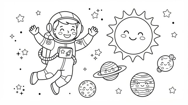 Astronaut coloring page for kids, cute space explorer with sun and planets, black and white line art of boy astronaut in galaxy