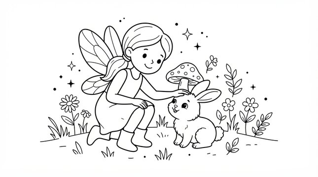 Whimsical fairy coloring page, cute girl with wings and bunny rabbit, magical forest line art for kids, fantasy garden illustration