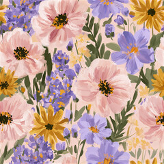 Obraz premium Joyful floral pattern with soft pink, purple, and yellow flowers creating romantic and vibrant garden feel