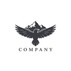 Naklejka premium Eagle with outstretched wings flying in front of a dark mountain range, accompanied by the word 'COMPANY' below, all depicted in a monochromatic flat design against a white background.