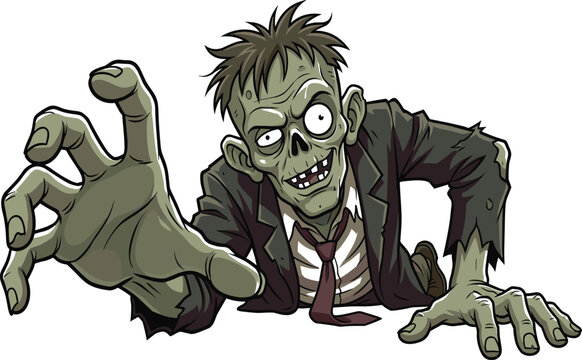 Creepy cartoon zombie crawling forward with outstretched hand, torn suit, bulging eyes, missing teeth, horror undead character Halloween spooky illustration design
