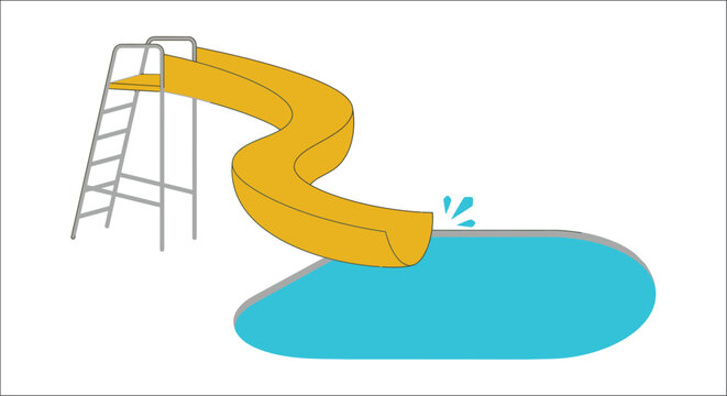 Yellow water slide curving into a blue pool depicted as a flat vector illustration waterslide