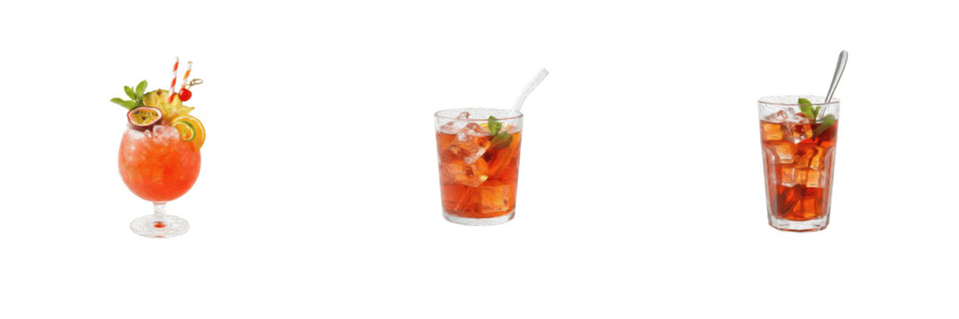 Set of Three Refreshing Alcoholic Cocktails and Cold Drinks Isolated on Transparent Background Showing Tropical Fruits Ice and Garnish for Bar and Party Concepts