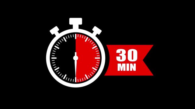 30 minute timer countdown stopwatch animation. Clock icon with 30 minute timer. 30 minute countdown timer clock icon animation. 30 min clock icon animation. Timer, clock, stopwatch icon with 30 min.