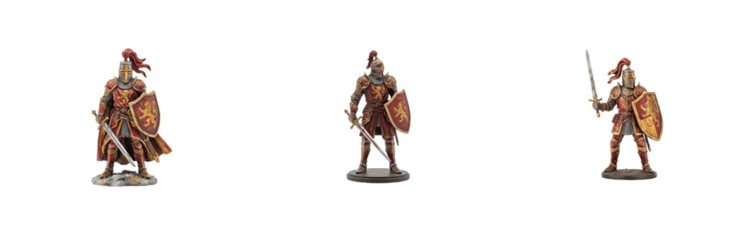 Set of Three Detailed Roman and Greek Soldier Miniature Figurines Isolated on Transparent Background Showing Ancient Armor Swords and Shields for Historical Fantasy Wargaming