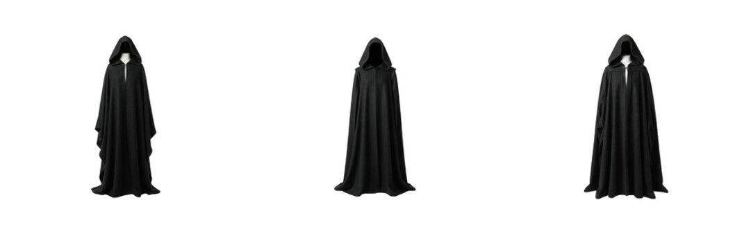 Set of Three Mysterious Black Hooded Cloaks Isolated on Transparent Background Showing Dark Fantasy Robes for Wizard Sorcerer and Halloween Costume Design