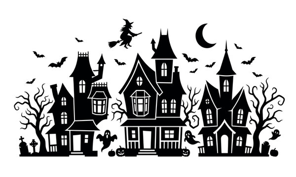 A halloween town silhouette features spooky houses a crescent moon bats and a witch on a broomstick architecture ghost pumpkin