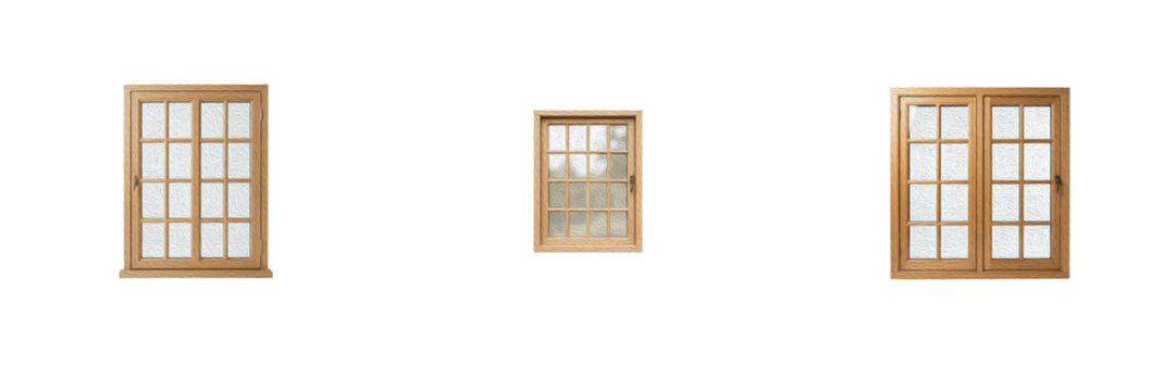 Set of Three Wooden Framed Glass Windows Isolated on Transparent Background Showing Classic Grid Design for Home Architecture and Interior Renovation Concepts
