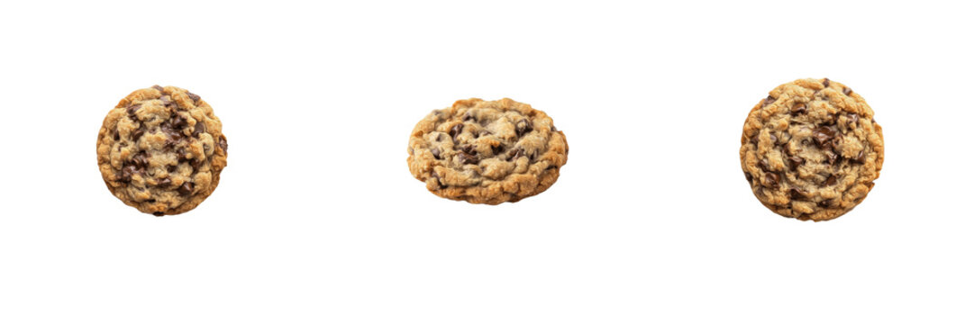 Set of Three Delicious Chocolate Chip Cookies Isolated on Transparent Background Showing Sweet Baked Treats for Dessert and Snack Food Design Concepts