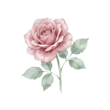 Watercolor Dusty Pink Rose with Stem and Leaves Isolated - Vintage Botanical Illustration for Wedding Invitation
