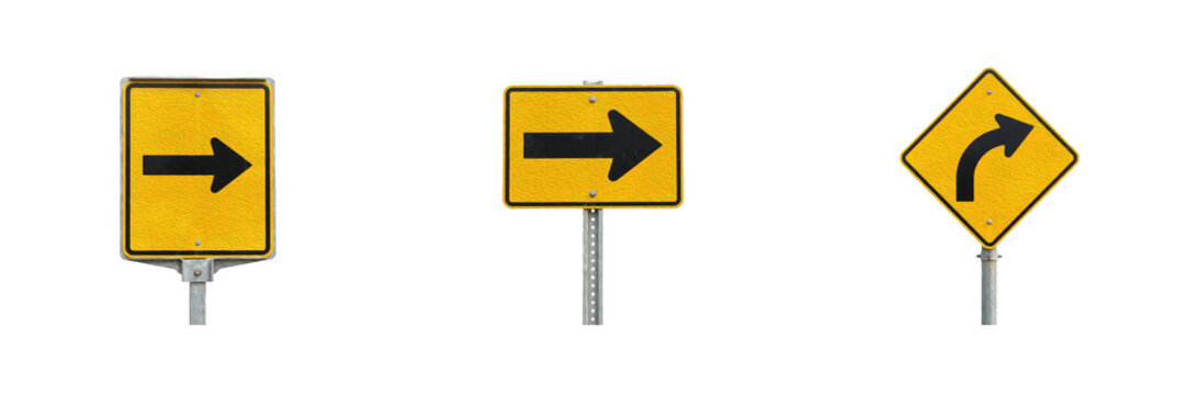 Set of Three Yellow Traffic Direction and Warning Signs Isolated on Transparent Background Showing Right Arrow and Curve Symbols for Road Safety Concepts