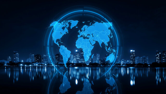 Futuristic glowing globe over illuminated city skyline at night with water reflection