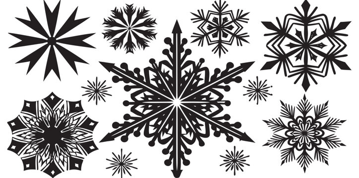A collection of ten distinct, stylized snowflake icons arranged against a clean, solid white background. The snowflakes are rendered in a uniform, dark navy blue color with sharp, clear linework. The 