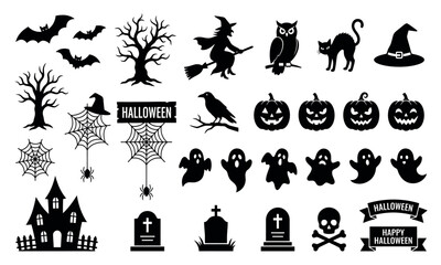 Fototapeta premium A collection of black halloween silhouettes depicts bats witches pumpkins ghosts and spooky graveyard elements witch owl cat pumpkin tombstone