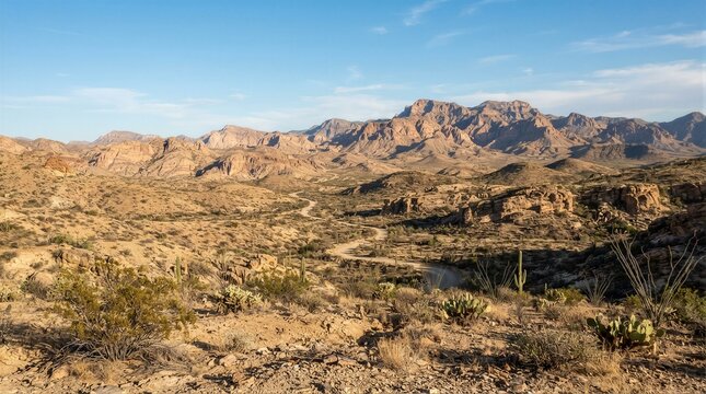 Arid desert landscape with rugged mountains and sparse vegetation