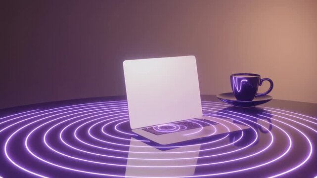 Futuristic Laptop with Glowing Purple Neon Wireless Signal Waves on Modern Reflective Desk, Cinematic Full HD Motion Background