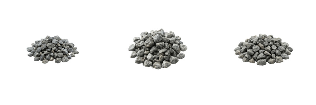 Set piles of small grey stones, heaps of gravel, river pebbles, crushed rock piles, landscaping materials, construction aggregates, small rock mounds