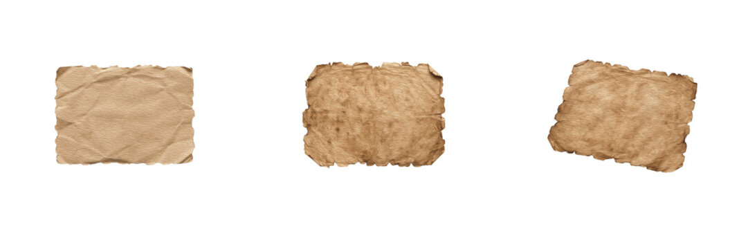 Set aged parchment paper sheets, vintage burnt edge paper fragments, antique parchment scraps, old torn paper notes, retro stationery elements, distressed craft paper textures