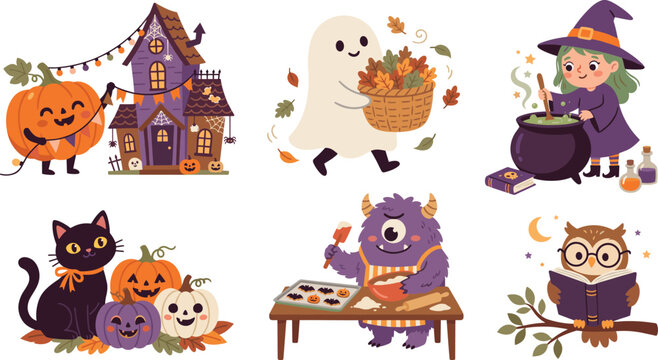 Cute halloween vector characters collection with little witch ghost black cat monster baking cookies haunted house owl reading book