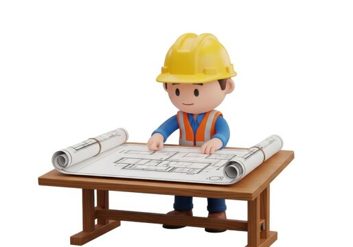 Architect character reviewing architectural blueprints on a table