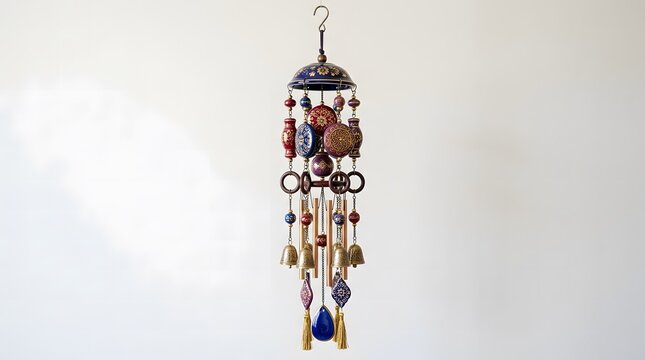 An intricate colorful wind chime featuring layered stacked discs with unique patterns and designs